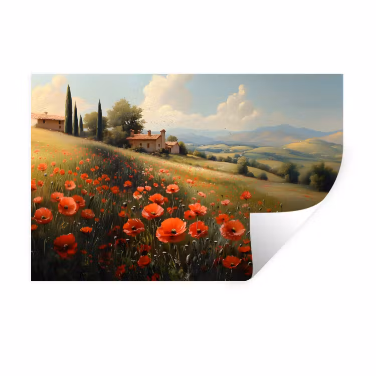 Muursticker - Klaprozen - Rood - Heuvels - Landschap — 1
