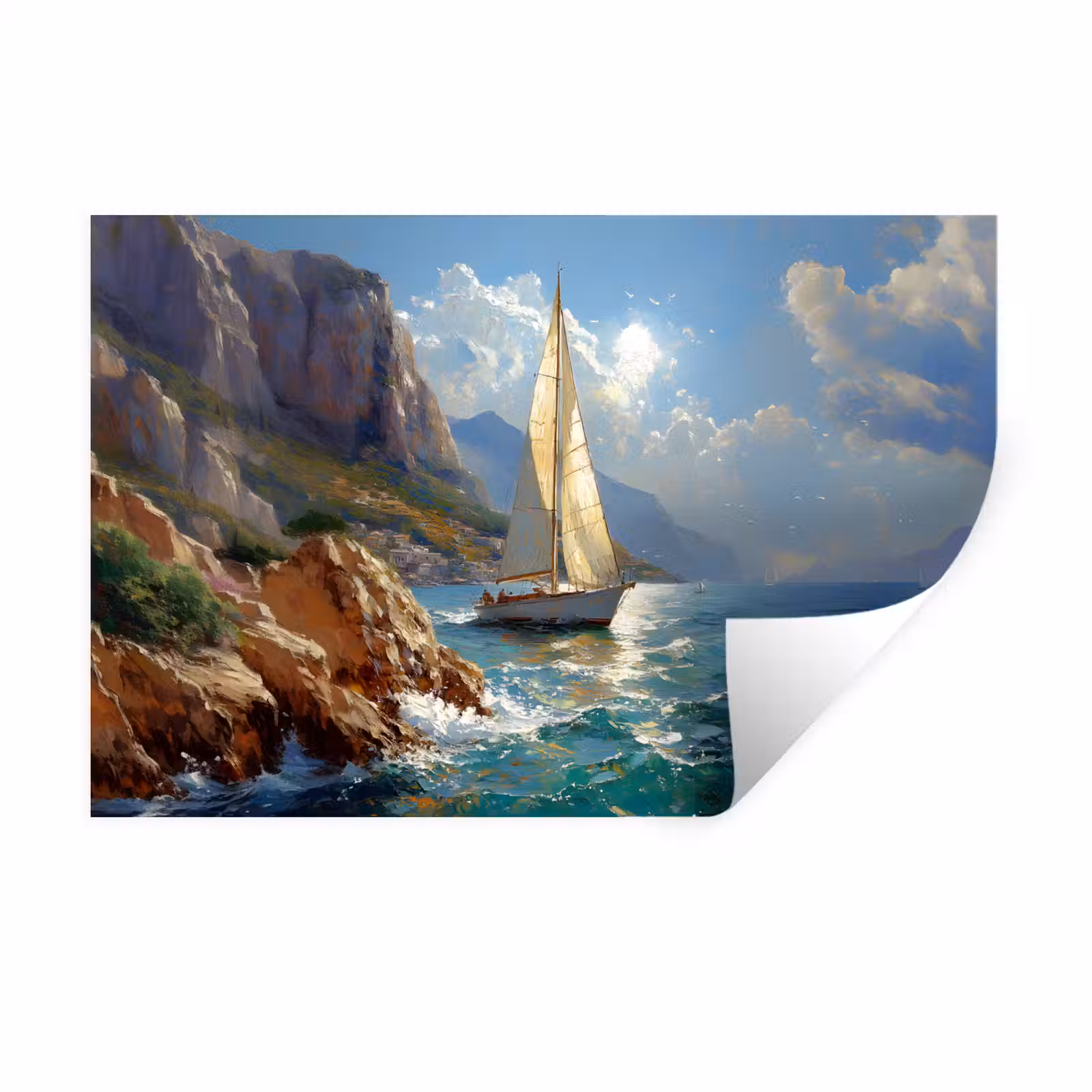 Muursticker - Zeilschip - Zee - Rotsen - Wolken — 1