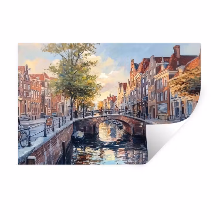 Muursticker - Brug - Stad - Huizen - Boot — 1