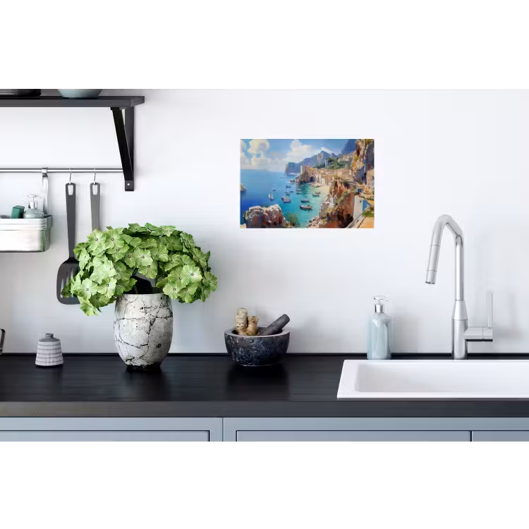 Muursticker - Kustdorp - Schilderij - Rotsen - Boten — 2