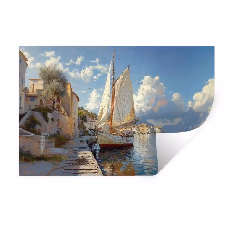 Muursticker - Zeilschip - Huizen - Kade - Zee — 1