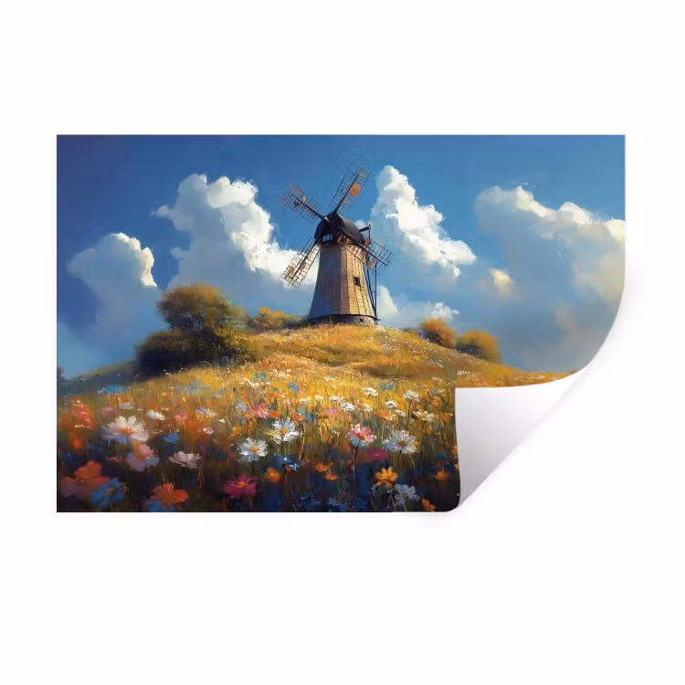 Muursticker - Windmolen - Heuvel - Bloemen - Kleurrijk — 1