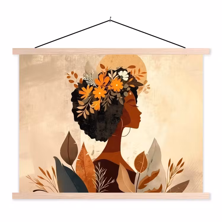 Schoolplaat - Vrouw - Krullen - Bloemen - Beige — 1