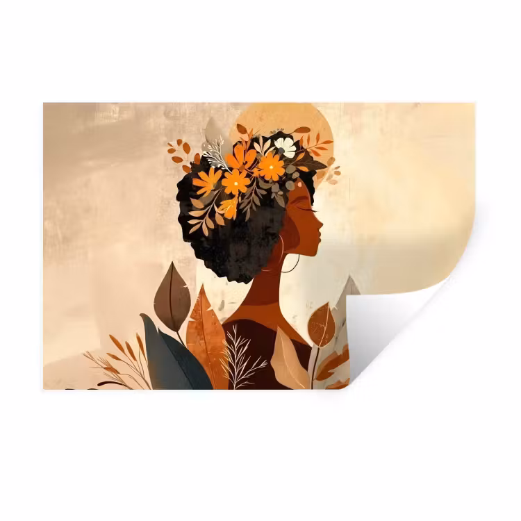 Muursticker - Vrouw - Krullen - Bloemen - Beige — 1