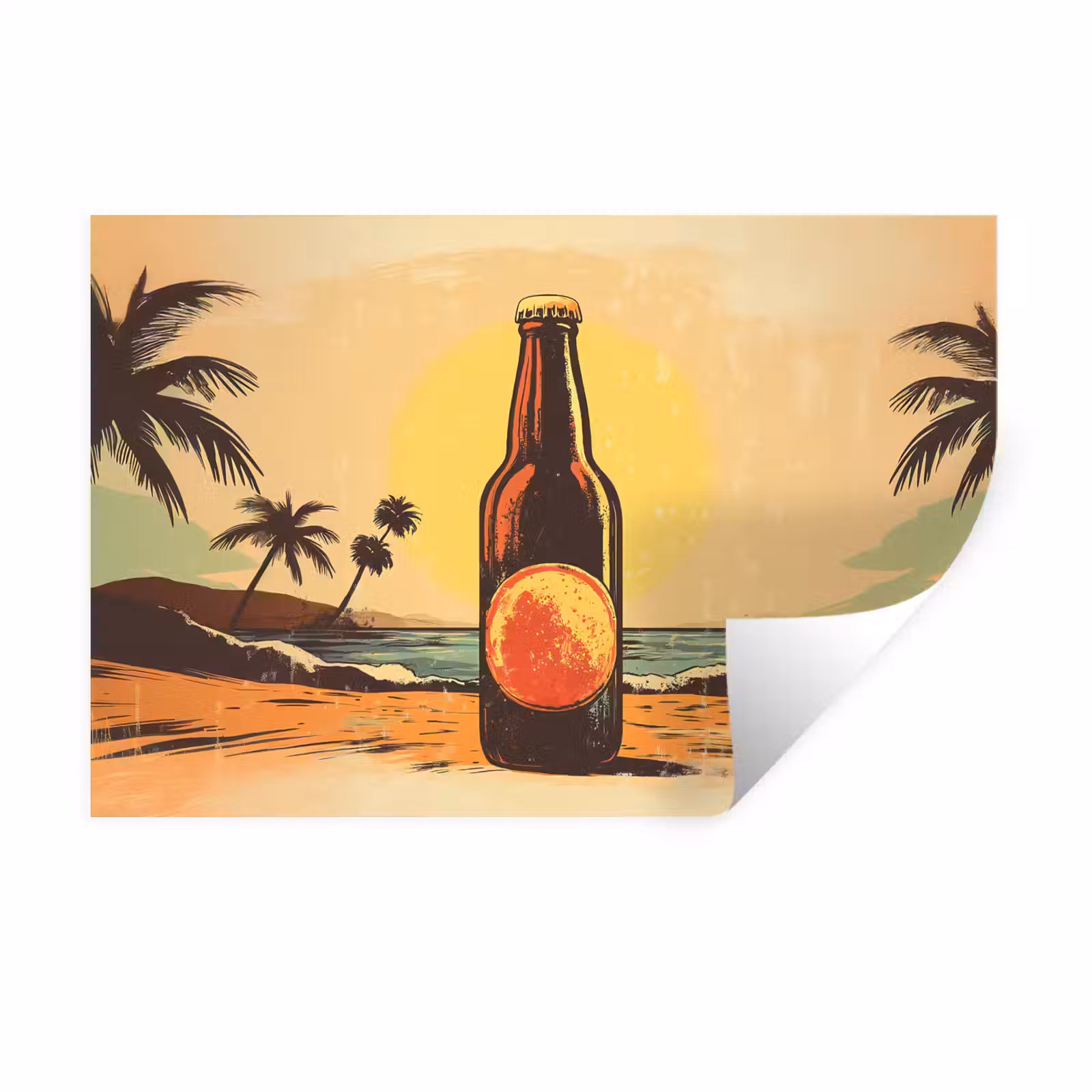 Muursticker - Bierfles - Zonsondergang - Palmbomen - Zee — 1