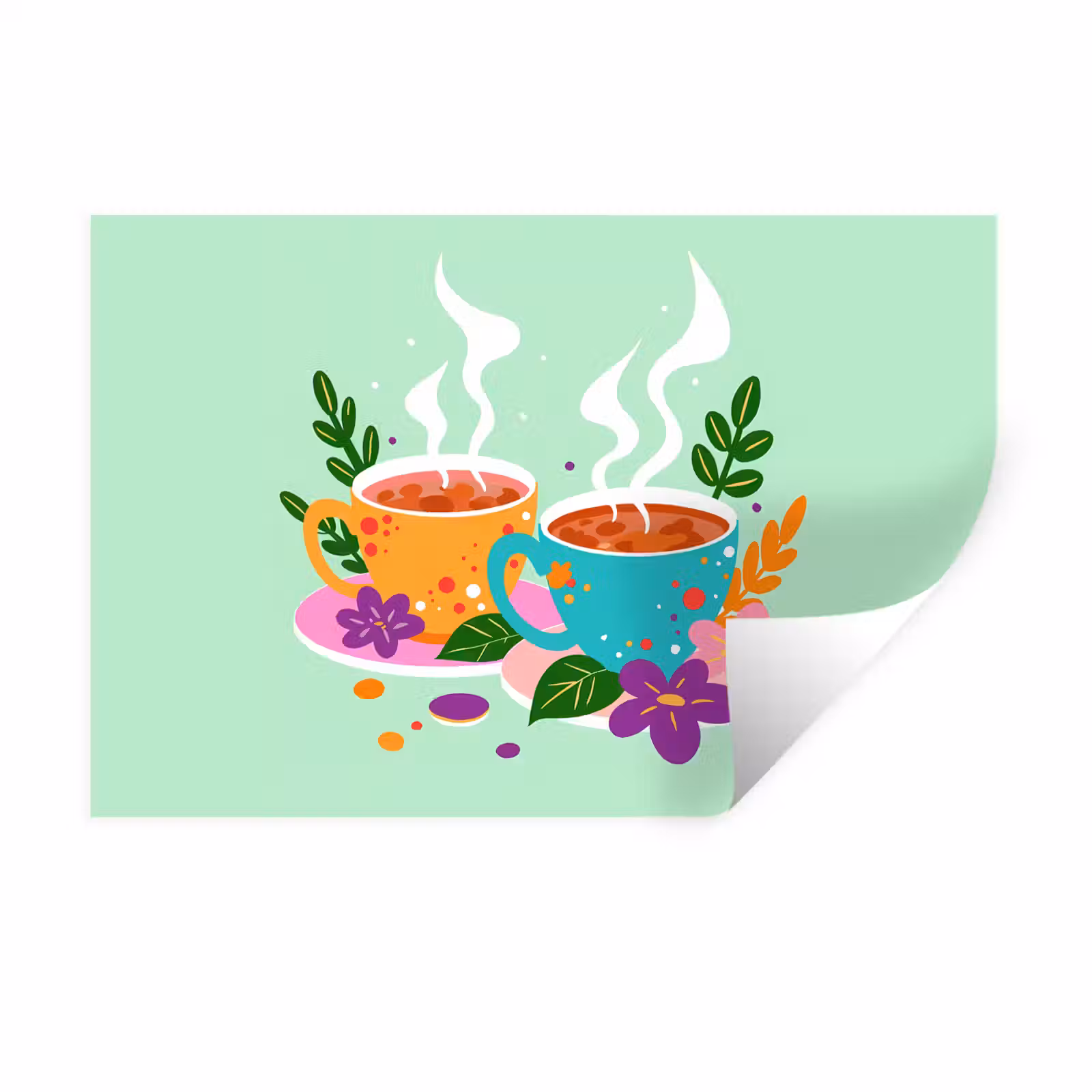 Muursticker - Thee - Illustratie - Kopjes - Bloemen — 1