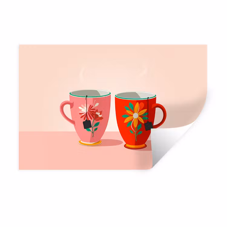 Muursticker - Theekopjes - Bloemmotieven - Roze - Theezakjes — 1