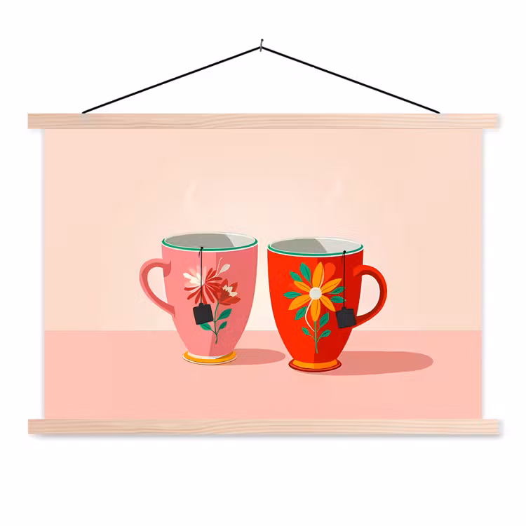 Schoolplaat - Theekopjes - Bloemmotieven - Roze - Theezakjes — 1
