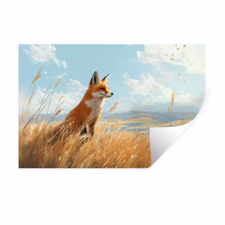 Muursticker - Vos - Gras - Wolken - Oranje — 1