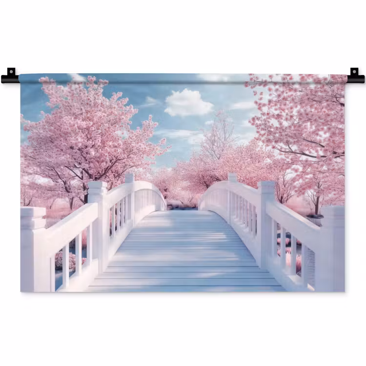 Wandkleed - Brug - Kersenbomen - Wit — 1