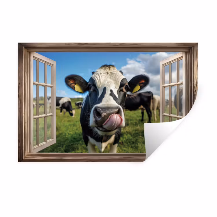 Muursticker - Doorkijk - Koe - Weiland - Dieren - Natuur — 1