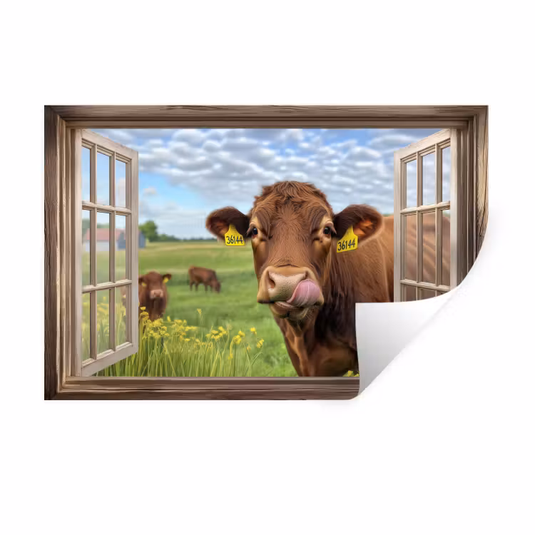Muursticker - Doorkijk - Koe - Weiland - Landschap - Dieren — 1