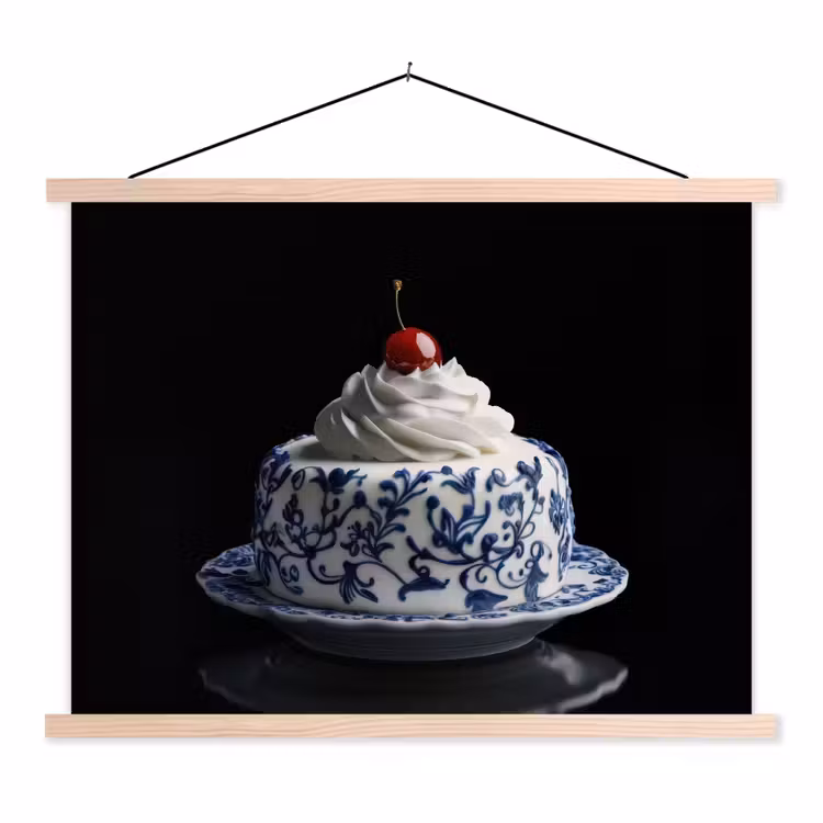 Schoolplaat - Taart - Slagroom - Kers - Bord - Delfts blauw