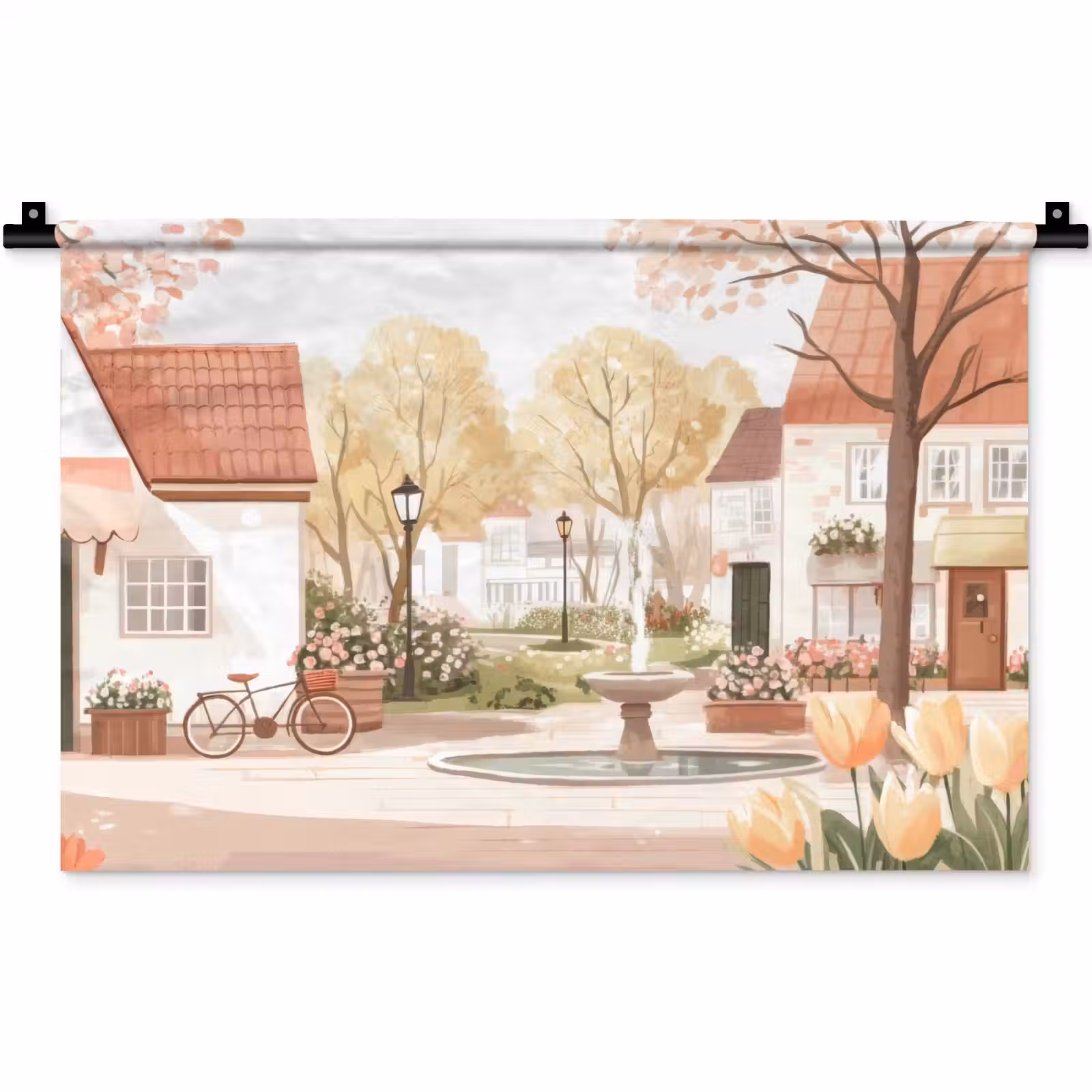 Wandkleed - Dorpsplein - Fontein - Tulpen — 1