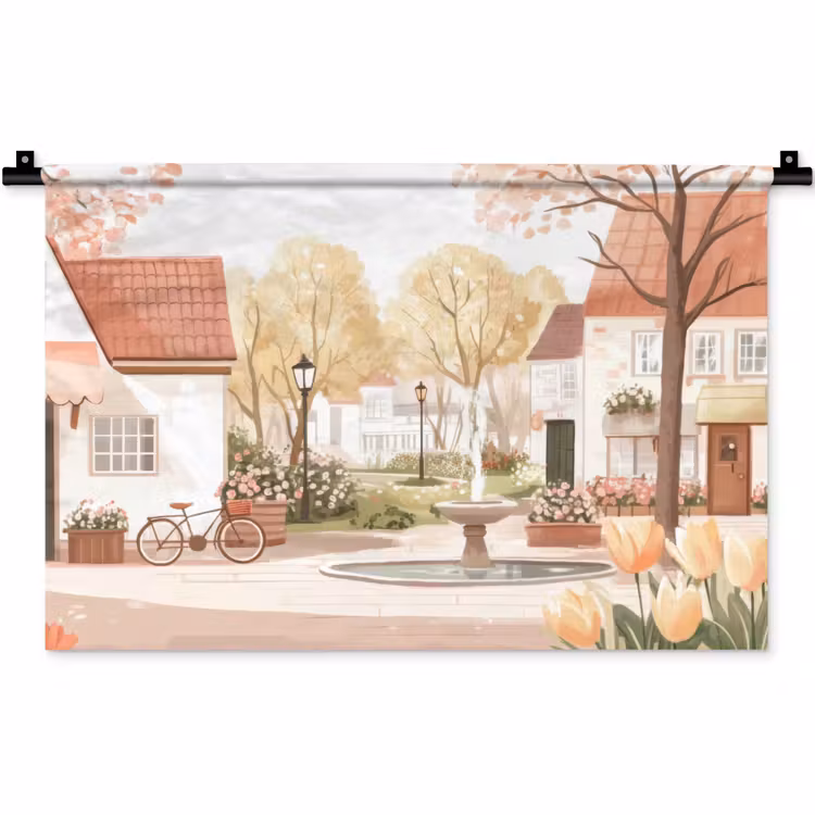 Wandkleed - Dorpsplein - Fontein - Tulpen — 1