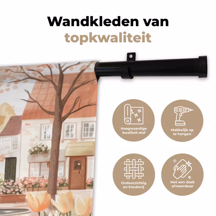 Wandkleed - Dorpsplein - Fontein - Tulpen — 3