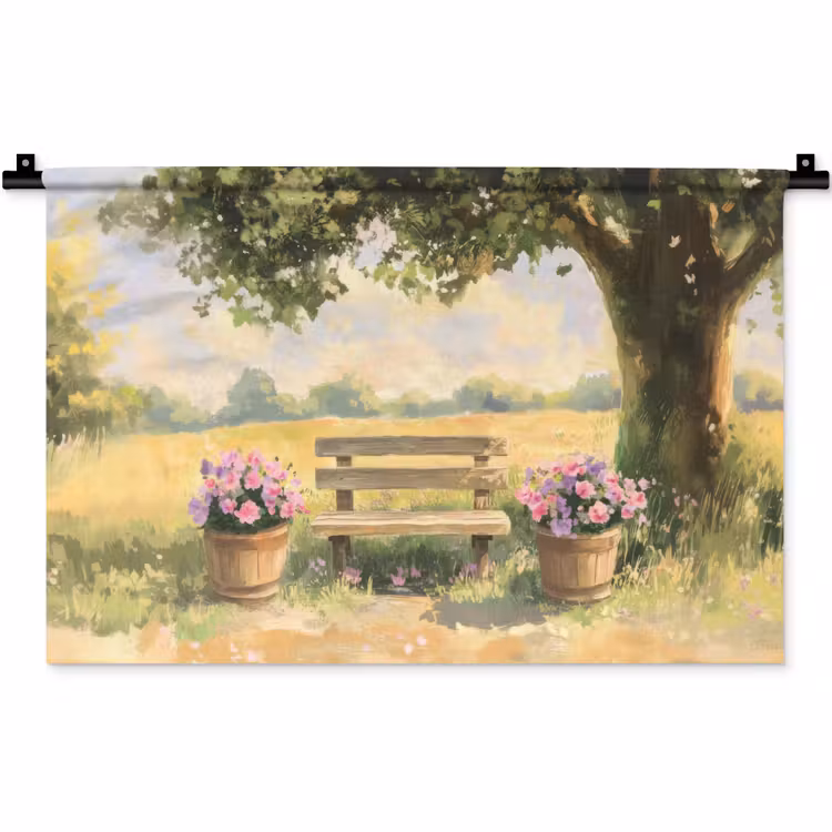 Wandkleed - Houten bankje - Bloempotten - Landschap — 1