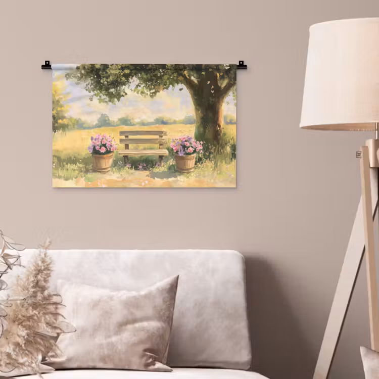 Wandkleed - Houten bankje - Bloempotten - Landschap — 2