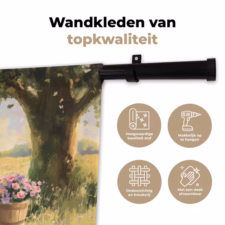 Wandkleed - Houten bankje - Bloempotten - Landschap — 3
