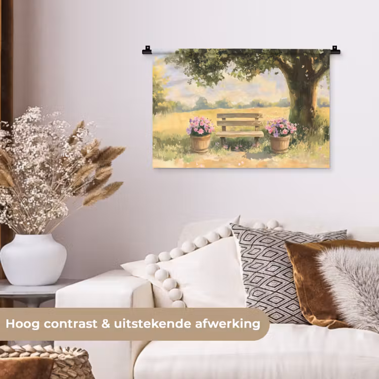 Wandkleed - Houten bankje - Bloempotten - Landschap — 4