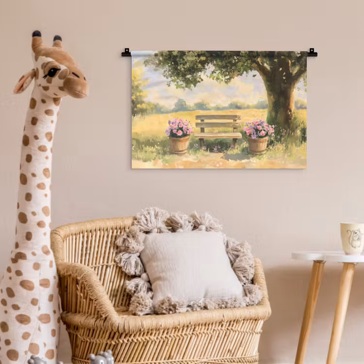 Wandkleed - Houten bankje - Bloempotten - Landschap — 5