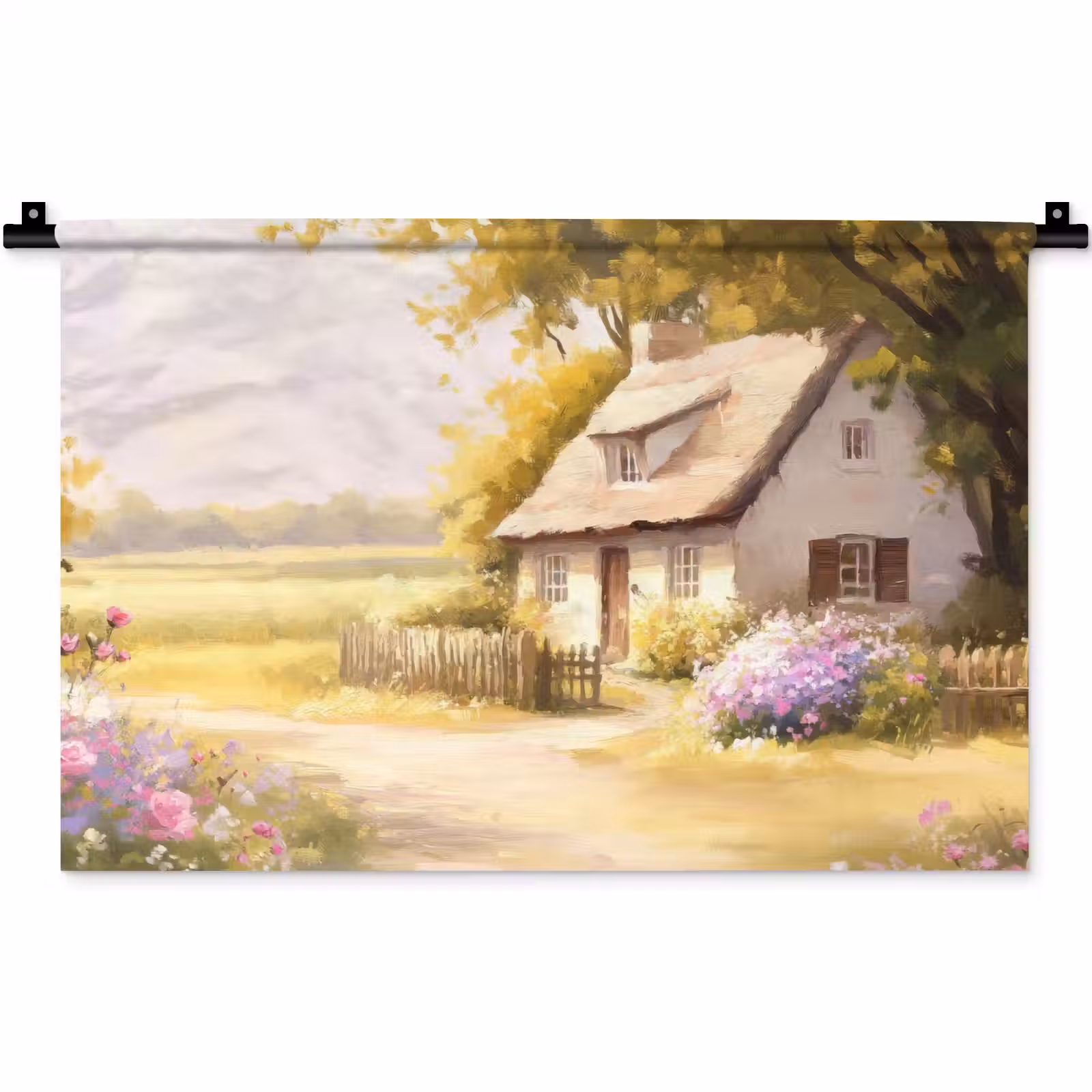 Wandkleed - Huisje - Hout - Bloemen — 1