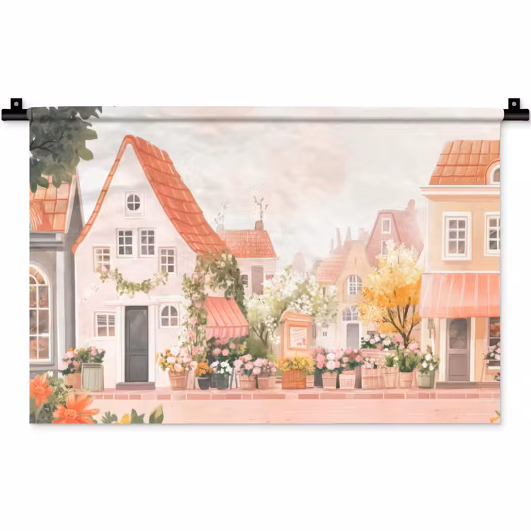 Wandkleed - Bloemen - Huizen - Dorp — 1