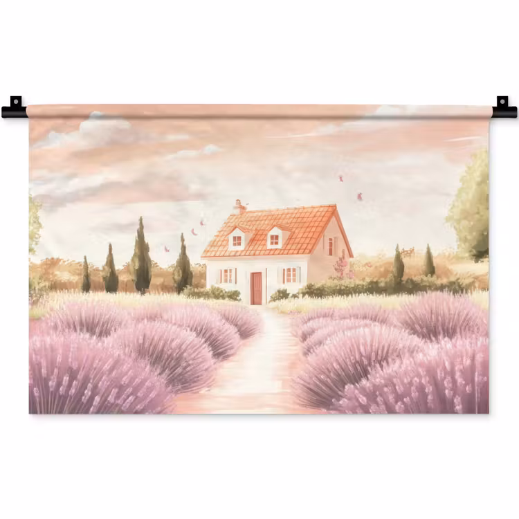 Wandkleed - Lavendelveld - Huis - Paars — 1