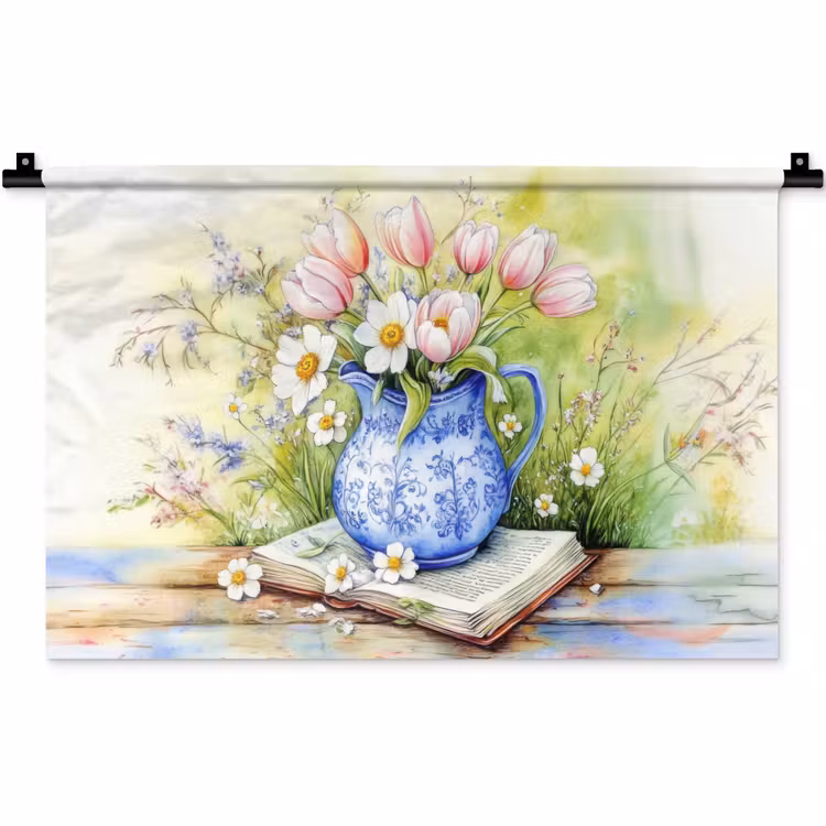 Wandkleed - Vaas - Delftsblauw - Madeliefjes — 1