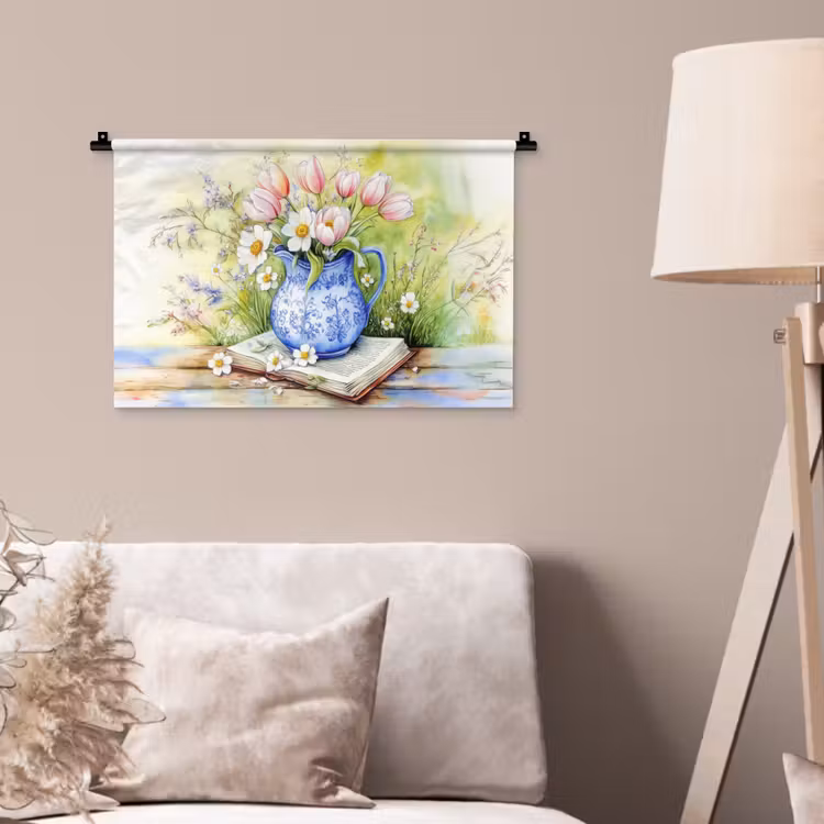 Wandkleed - Vaas - Delftsblauw - Madeliefjes — 2