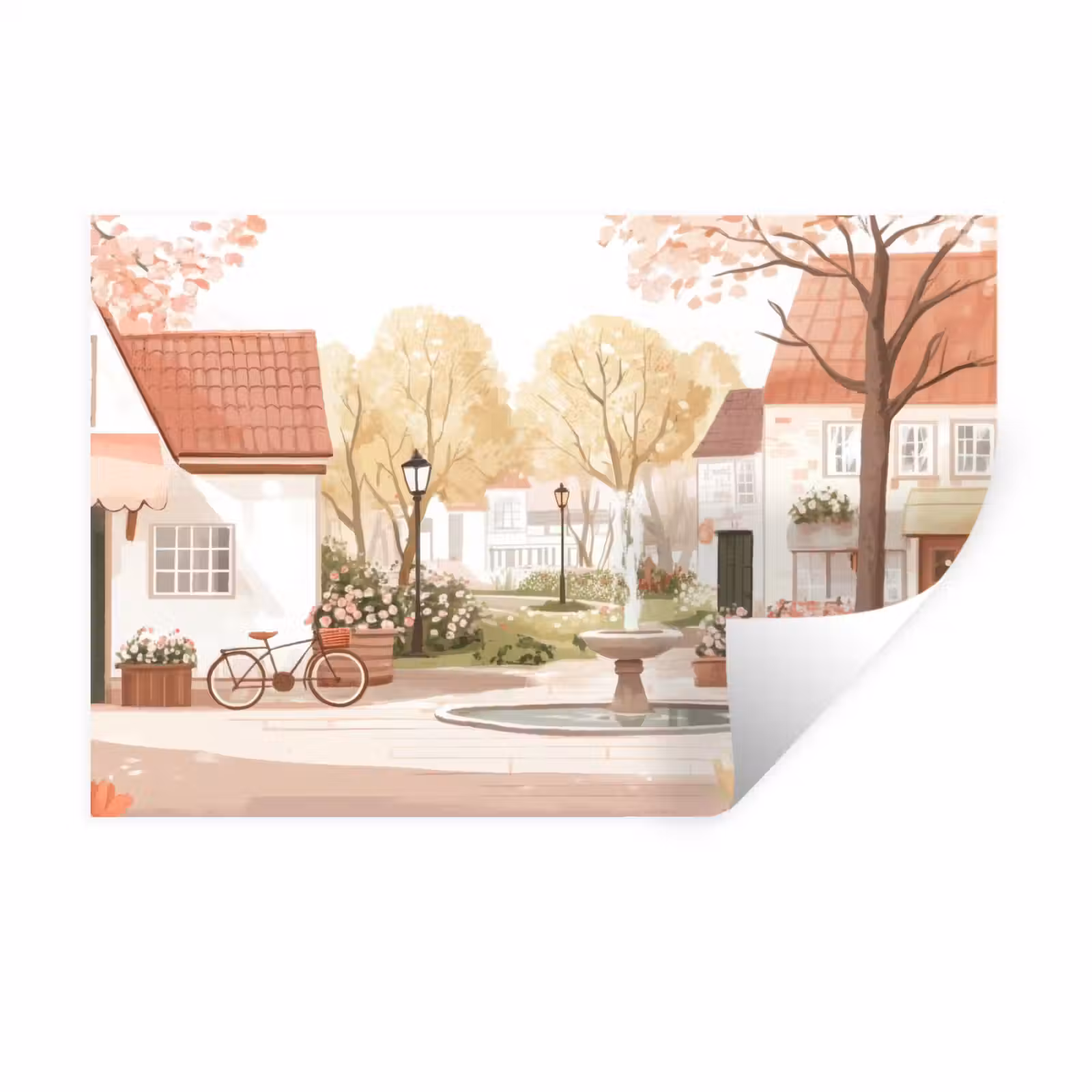 Muursticker - Dorpsplein - Fontein - Tulpen — 1