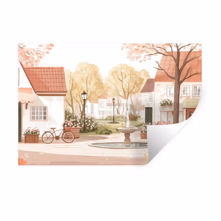 Muursticker - Dorpsplein - Fontein - Tulpen — 1