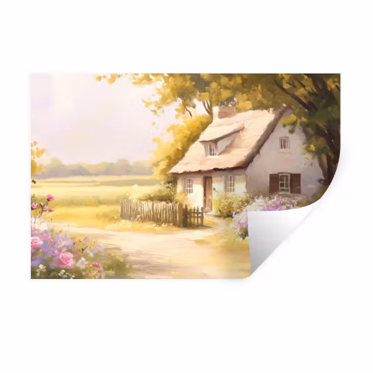 Muursticker - Huisje - Hout - Bloemen — 1