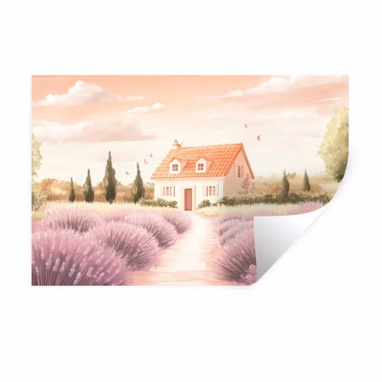 Muursticker - Lavendelveld - Huis - Paars — 1