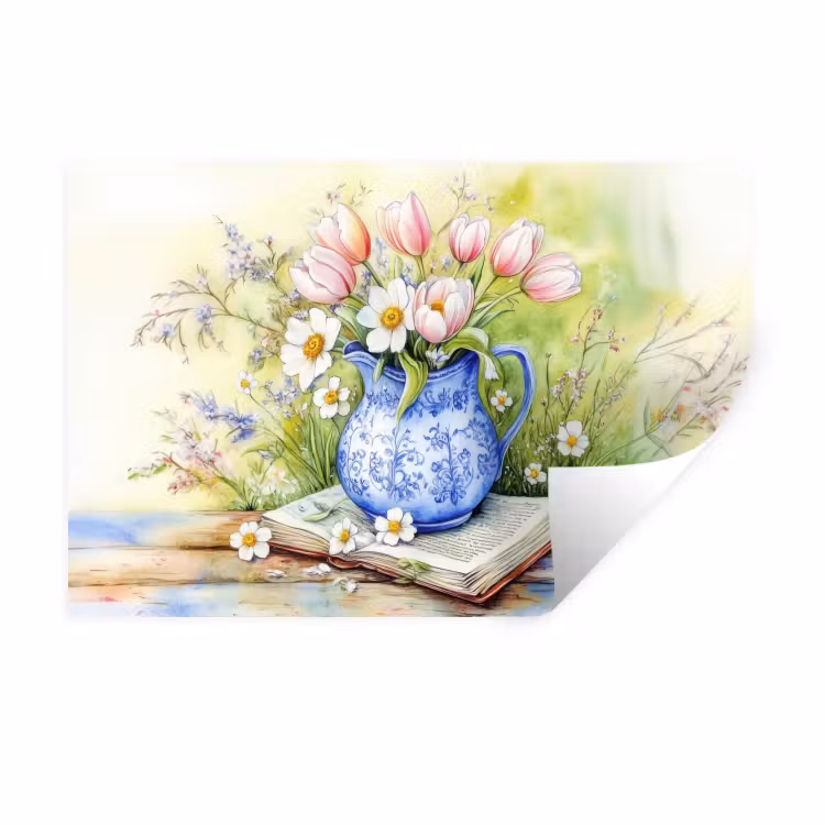 Muursticker - Vaas - Delftsblauw - Madeliefjes — 1
