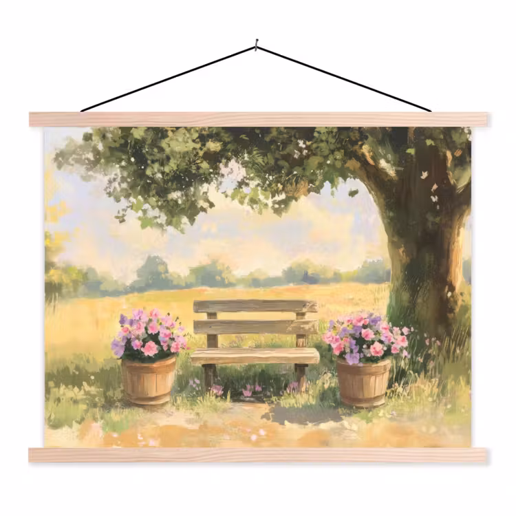 Schoolplaat - Houten bankje - Bloempotten - Landschap — 1