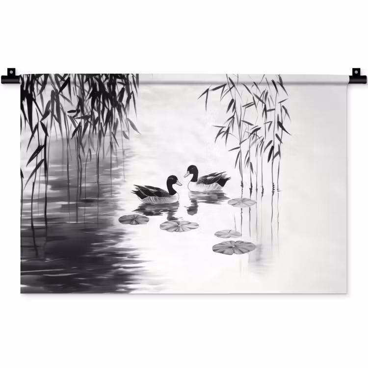 Wandkleed - Eenden - Waterlelies - Riet - Zwart — 1