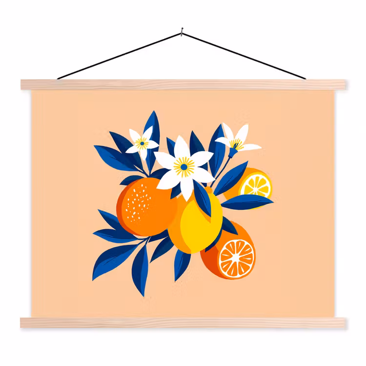 Schoolplaat - Illustratie - Sinaasappels - Donkerblauw - Bloemen — 1