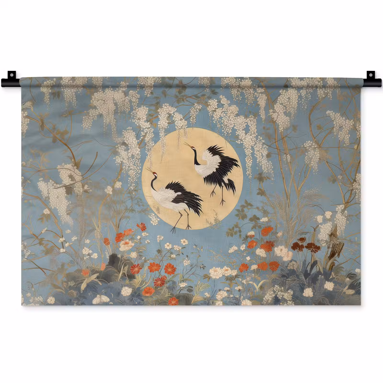 Wandkleed - Kraanvogels - Maan - Bloemen - Blauw — 1