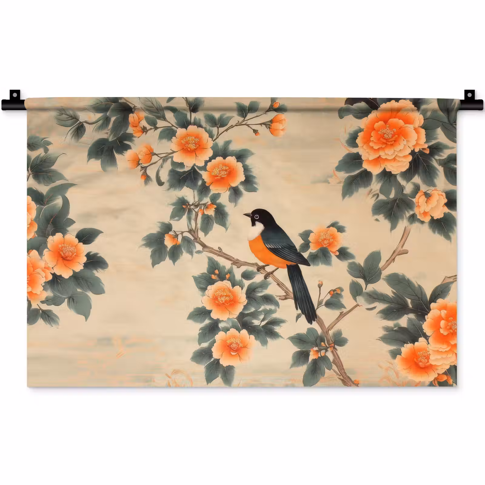 Wandkleed - Vogel - Tak - Bloemen - Oranje — 1