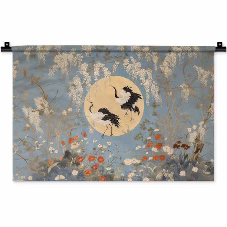 Wandkleed - Kraanvogels - Maan - Bloemen - Blauw — 1