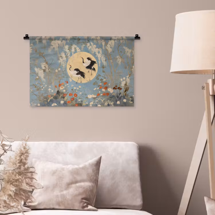 Wandkleed - Kraanvogels - Maan - Bloemen - Blauw — 2