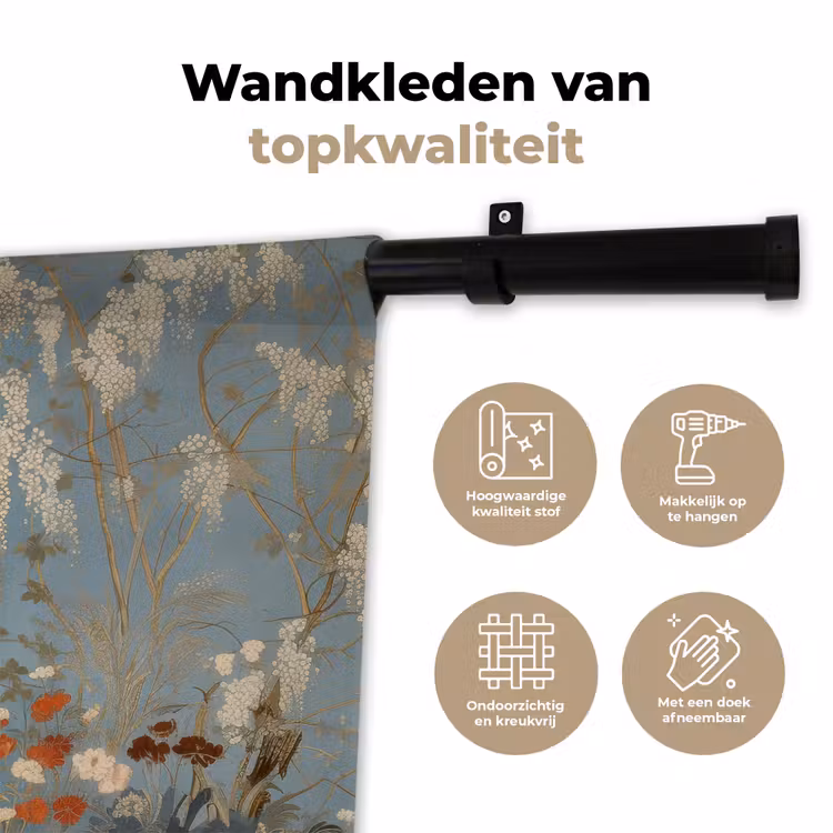 Wandkleed - Kraanvogels - Maan - Bloemen - Blauw — 3