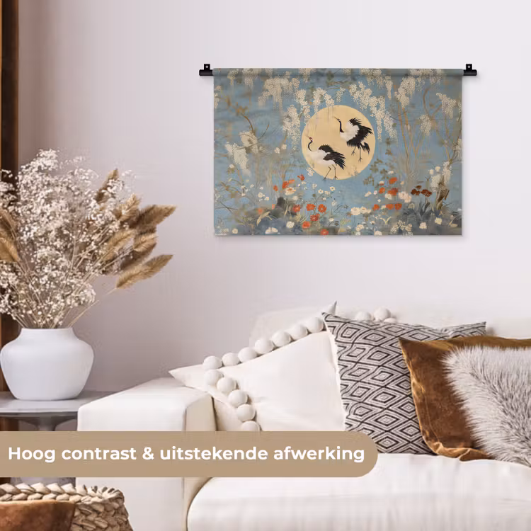 Wandkleed - Kraanvogels - Maan - Bloemen - Blauw — 4