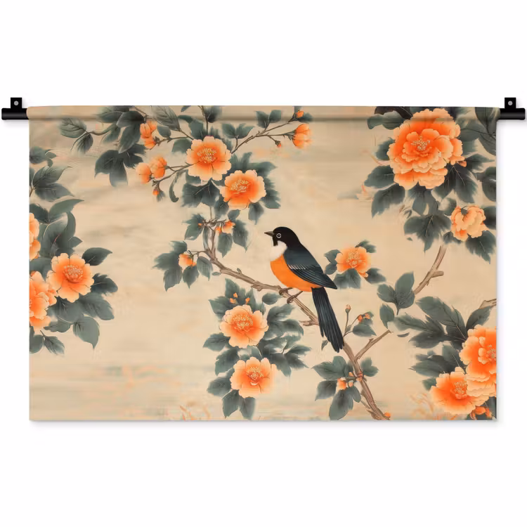 Wandkleed - Vogel - Tak - Bloemen - Oranje — 1