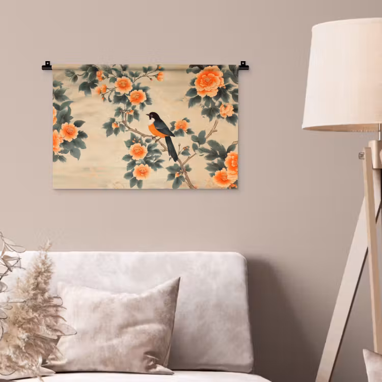 Wandkleed - Vogel - Tak - Bloemen - Oranje — 2