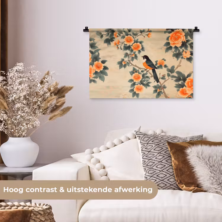 Wandkleed - Vogel - Tak - Bloemen - Oranje — 4