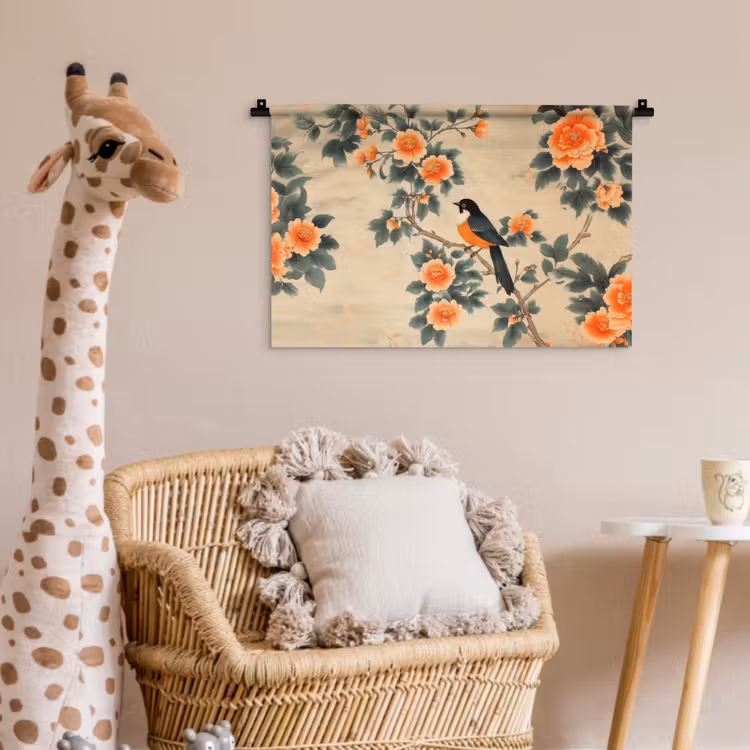 Wandkleed - Vogel - Tak - Bloemen - Oranje — 5