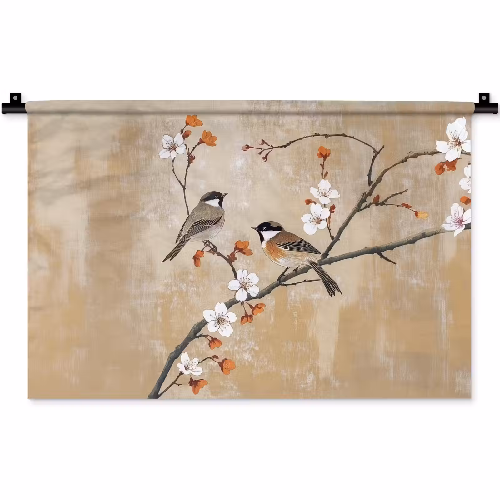 Wandkleed - Vogels - Bloesemtak - Bloemen - Oranje — 1