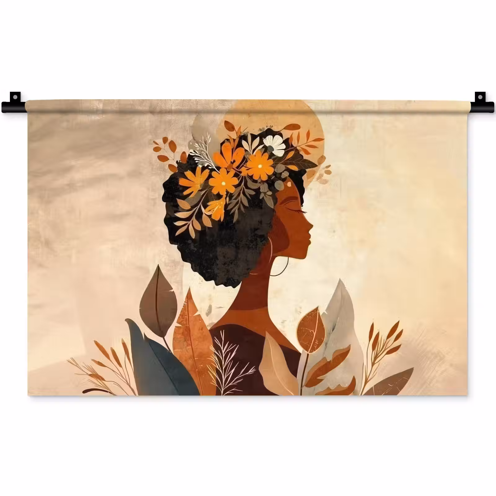 Wandkleed - Vrouw - Krullen - Bloemen - Beige — 1